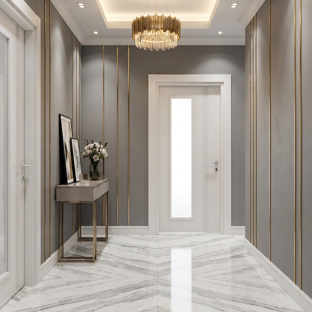Soho Pearl White Glazed Door Installed in Luxury Grey Hallway