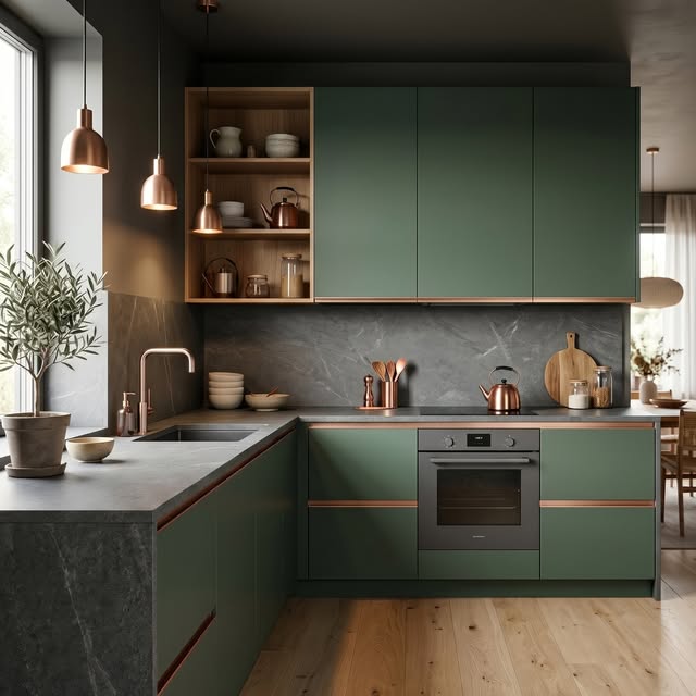Valenza Design - Contemporary Green Kitchen with Copper Accents